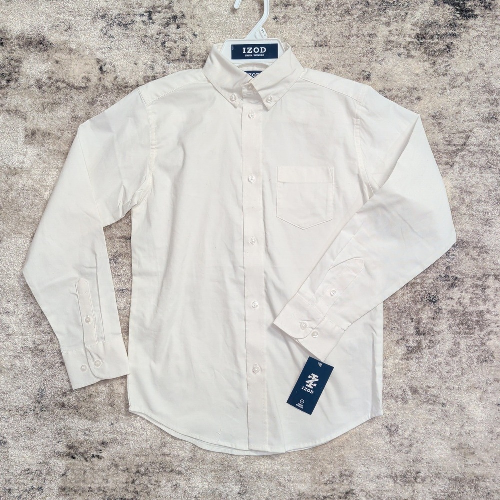 NWT IZOD Boys White Stretch Button Down Dress Shirt Size M 10/12 Uniform NEW
